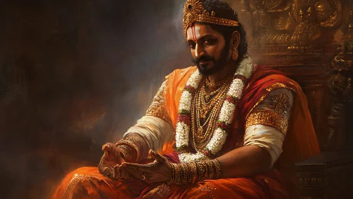Regal Indian king in ornate throne room, rich warm light.