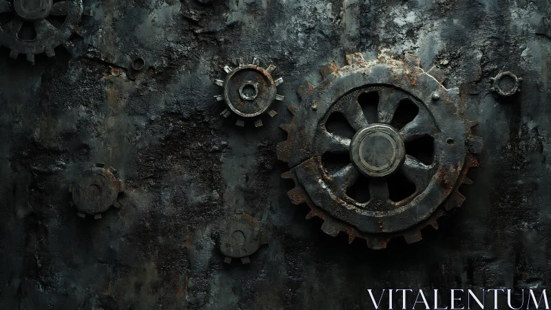 Rusty industrial metal gears on dark corroded surface.