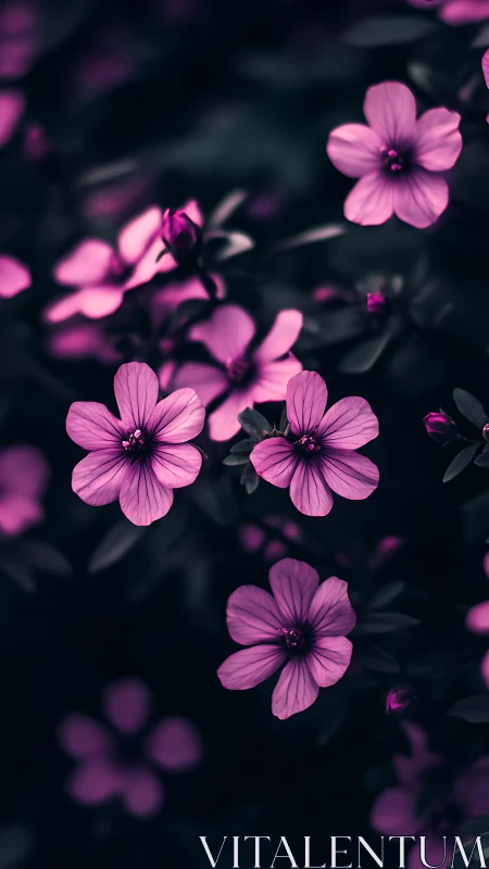 Pink Flowers in Dark Garden Setting.