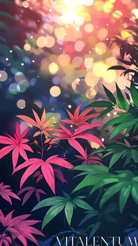 Sunlit garden leaves glow softly in dreamy evening color