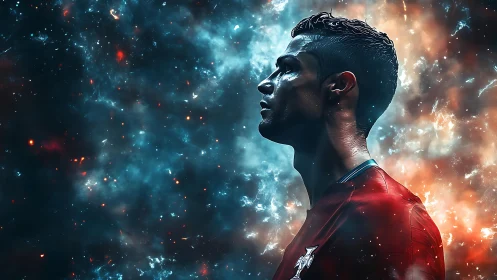 Soccer player profile against dramatic cosmic nebula background.
