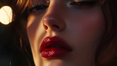Close-up female face shows glossy red lips and soft lighting