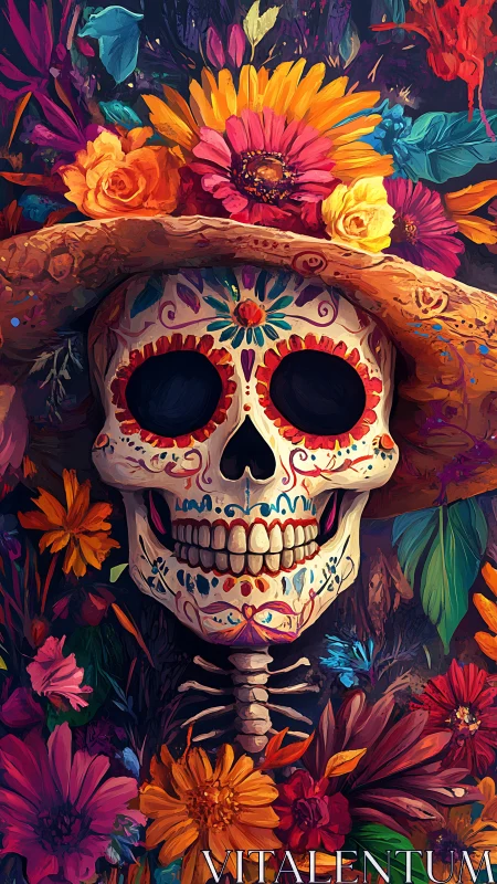 Sugar skull blooms in riotous Day of the Dead florals.