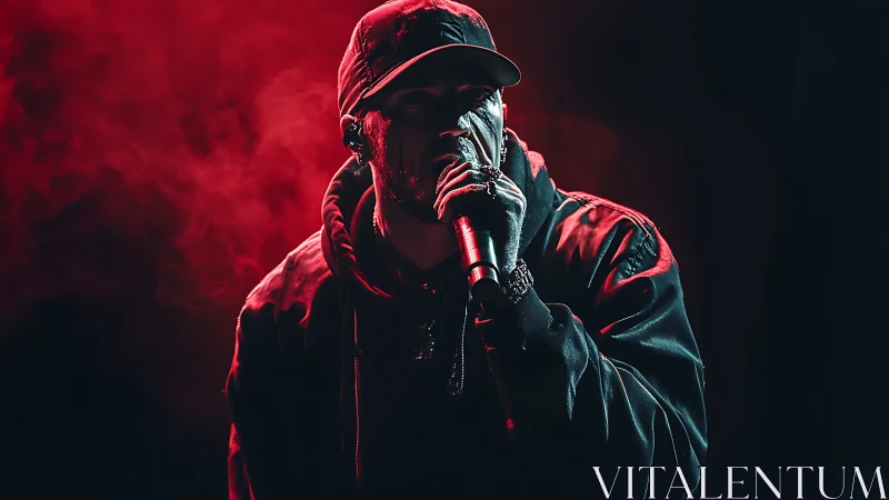Hooded rapper grips microphone under red stage smoke