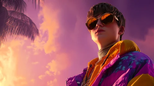 Sunset-lit streetwear icon gazes upward in neon skies.