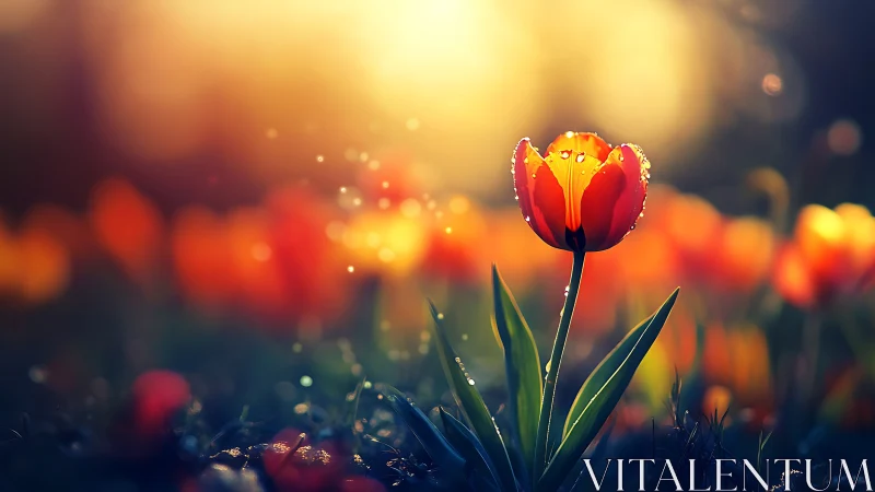 Red tulip with dew droplets photographed against blurred warm background.