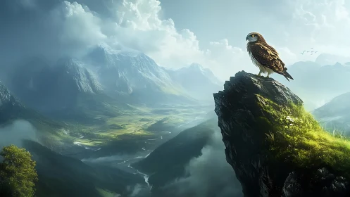 Majestic owl perched on rocky cliff in misty mountain landscape.