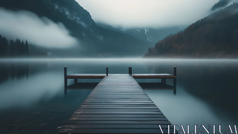 Wooden lakeside pier extending into foggy mountain water.