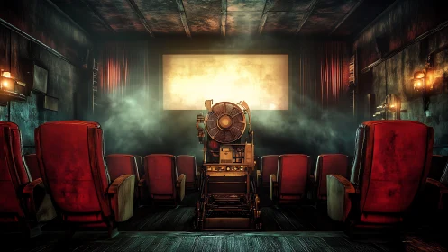 Vintage film projector glows inside a smoky empty cinema.