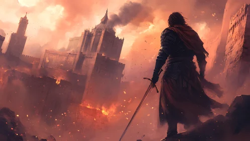Lone warrior surveys a burning citadel beneath ember skies.