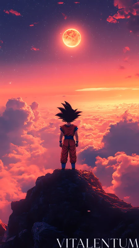 Lone warrior gazes at glowing moon above blazing clouds.