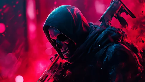 Hooded grim reaper soldier emerges in neon crimson haze.