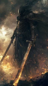 Ashen dreadknight rises with twin blades in storming fire.