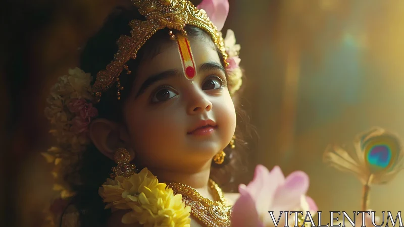 Divine child portrait in golden traditional adornment.