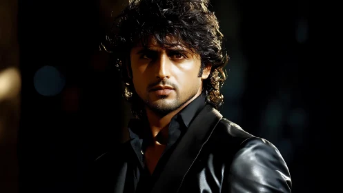 Moody portrait frames intense man in black leather jacket.