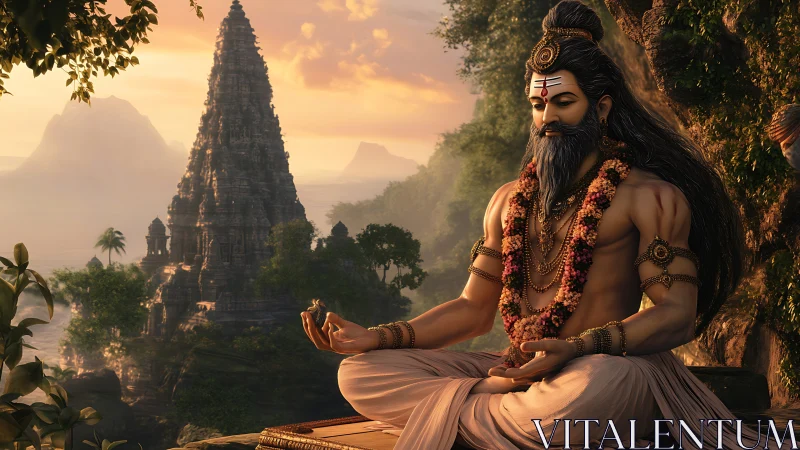 Meditating ascetic before stepped temple in forested valley.