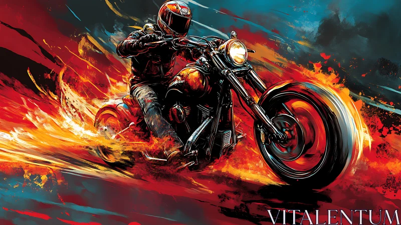 Flaming street motorcycle charging through abstract firestorm.