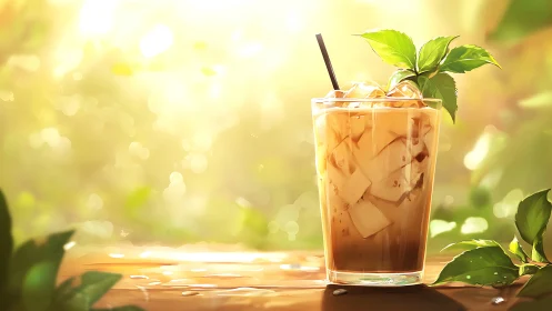 Iced Beverage with Citrus Gradient and Botanical Garnish.