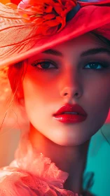 Close-up digital portrait shows woman in red hat and lace