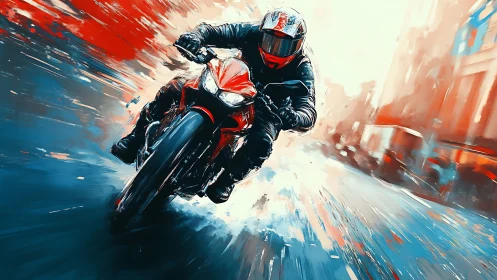 Motorcyclist leans forward on red sport bike in abstract motion