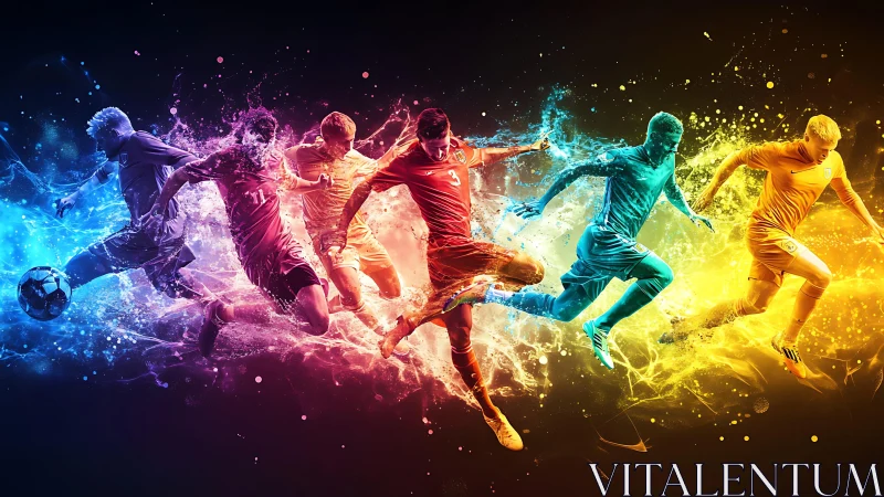 Colorized digital soccer players run through splashing light