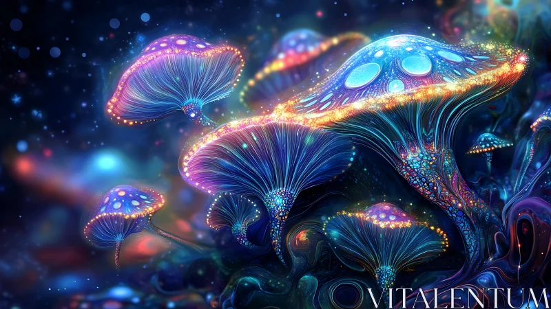 Luminous bioluminescent mushrooms in dense cosmic field.