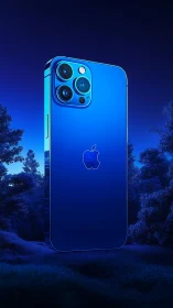 Blue smartphone with triple camera system displayed in forest setting