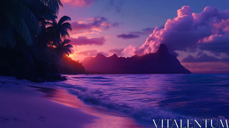 Tropical Sunset Paradise Over Island Mountains.