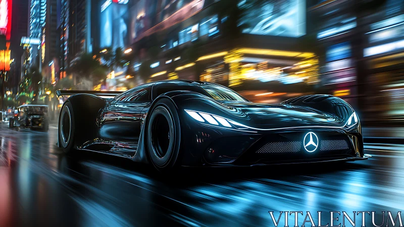 Futuristic black supercar races through neon city streets