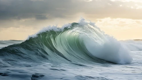 Glowing ocean wave curling under a calm golden sky.