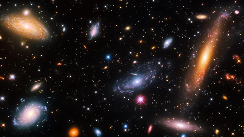 Glowing galaxy clusters drifting together in a quiet cosmic sea.