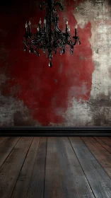 Black chandelier hangs before distressed red plaster wall