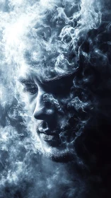 Male face partially obscured by swirling illuminated smoke