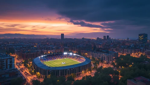 Illuminated football stadium anchors dusk urban panorama