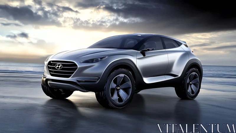 Hyundai concept SUV gleams on dramatic sunset shoreline.