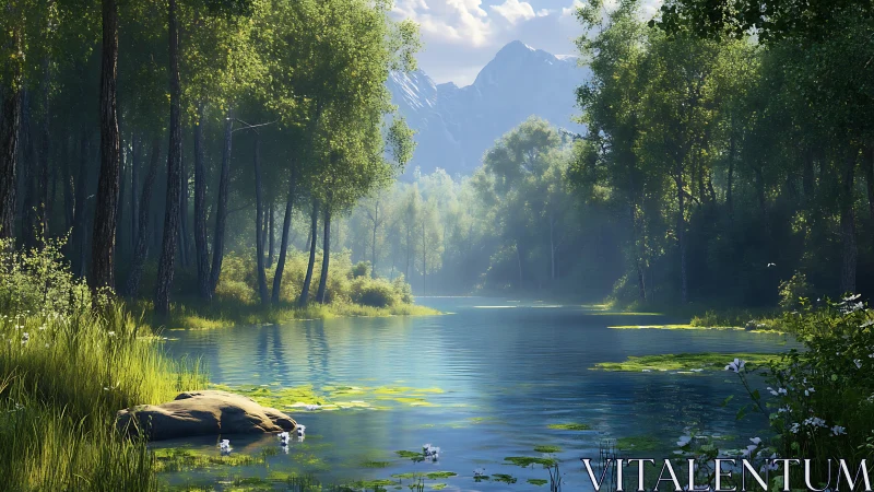 Rendered forest lake scene shows still water and dense trees