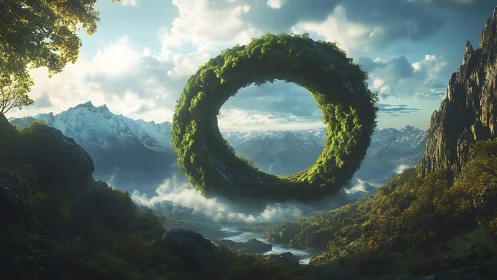 Levitation of moss ring over alpine valley under soft daylight.