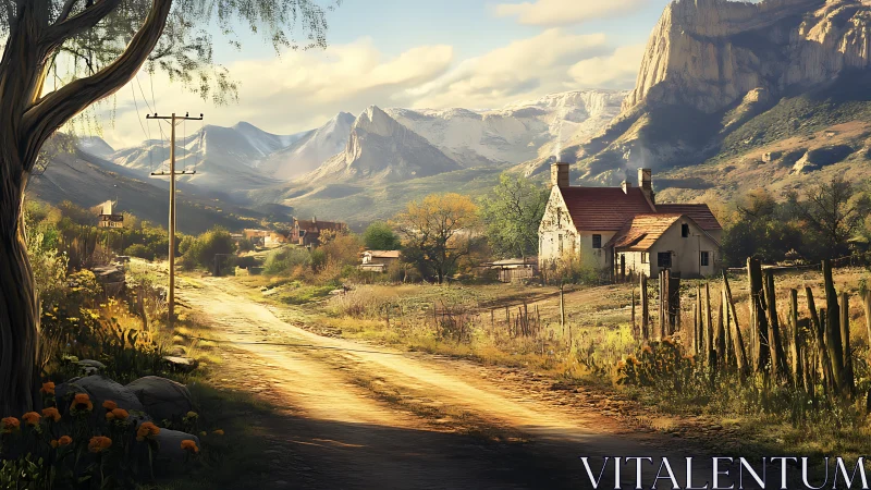 Sunlit dirt road curling past a warm-roofed mountain cottage.
