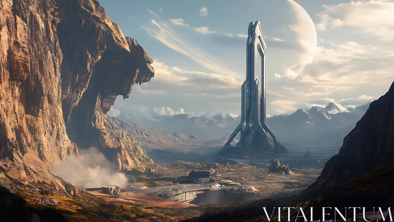 Tower of tomorrow hums over windswept alien canyon