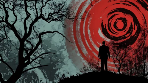 Solitary human figure observes large concentric red vortex