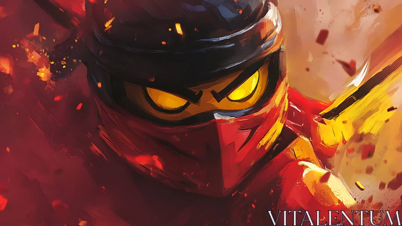 Lava-eyed toy ninja lunges through a storm of burning shards