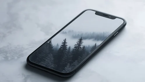 Misty Forest Landscape Glows on Modern Smartphone Display