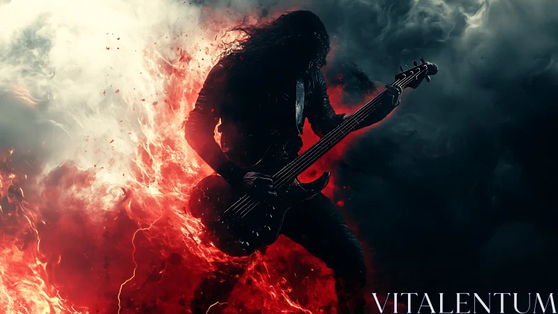 Fiery metal guitarist emerges from swirling smoke and flame.