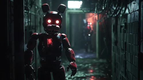 Red-eyed corridor automaton stalks the leaking neon gloom.