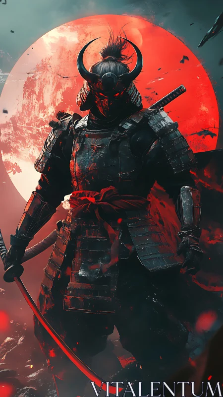 Bloodlit demon samurai before blazing red eclipse moon.
