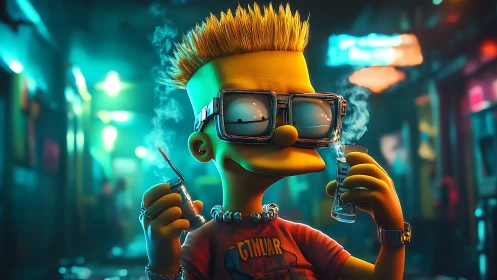 Spiky haired cartoon teen with vapor glasses in neon alley.