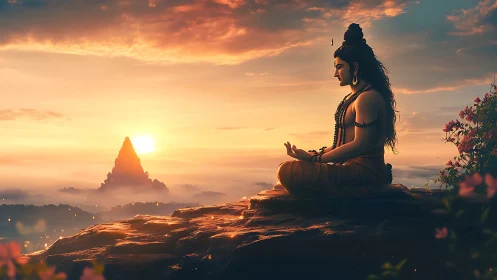 Solitary robed figure meditating on cliff at sunrise.