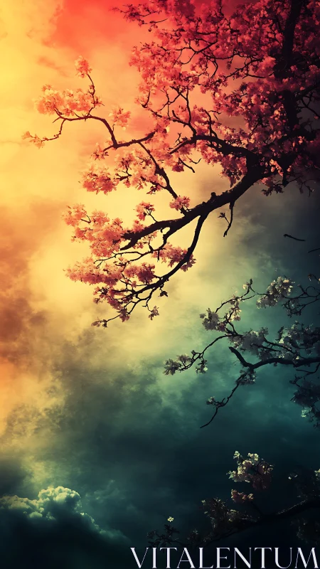 Blossoming tree branches against dramatic split sky.
