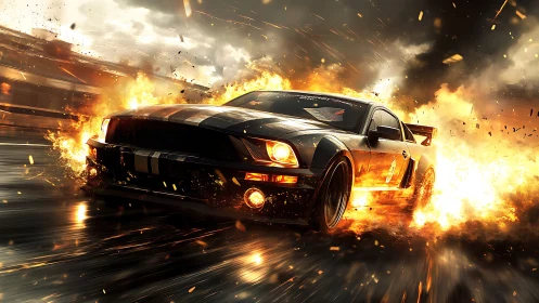 Muscle car drifting through flames on wet city street.