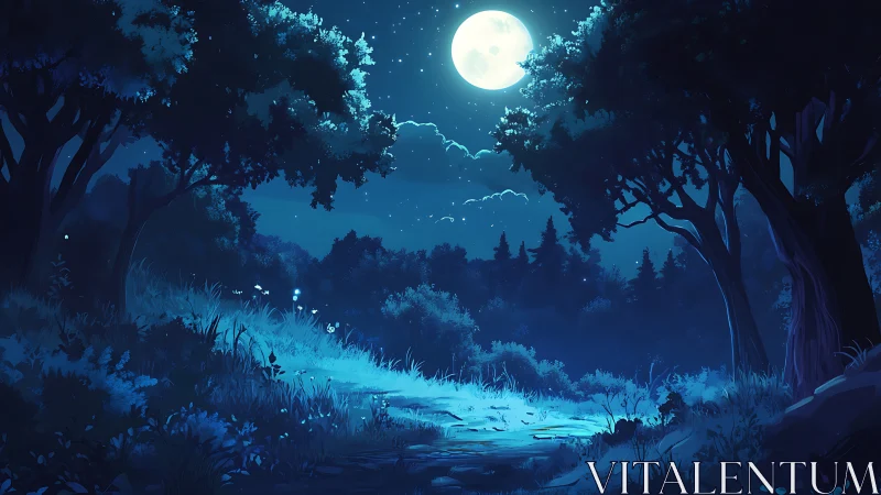 Moonlit Forest Clearing with Luminescent Stream at Night